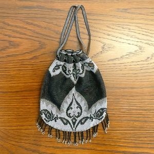Antique Black and Silver Micro-beaded Drawstring Purse - Estate Piece